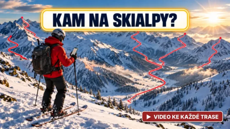 Kam na skialpy? Skialpinista na zasněženém hřebeni s výhledem na hory a vyznačené skialp trasy
