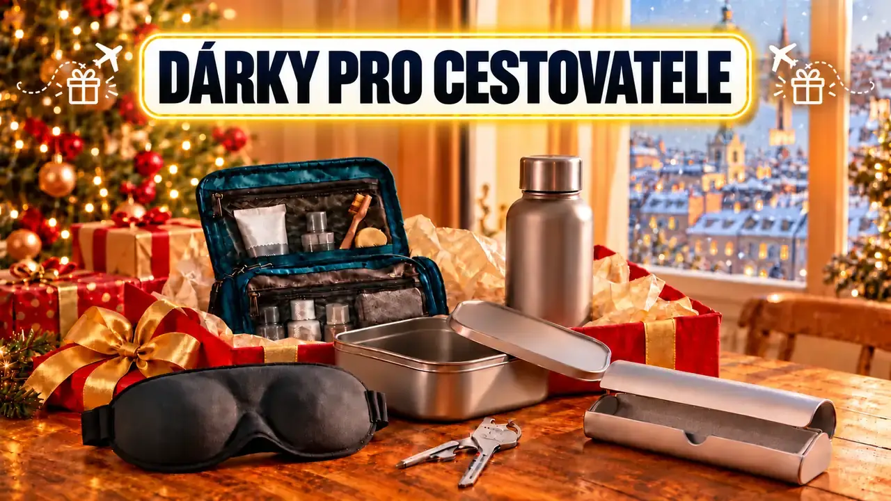 Dárky pro cestovatele – 3D maska na spaní, závěsná kosmetická taška, titanová láhev, titanová krabička na jídlo, pouzdro na brýle a nástroj na klíče