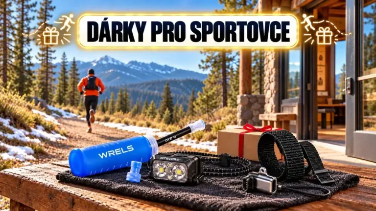 Dárky pro sportovce – soft flask s hadičkou, čelovka Nitecore NU25, nylonový řemínek Garmin, nabíjecí adaptér USB‑C na Garmin a náhradní náustek