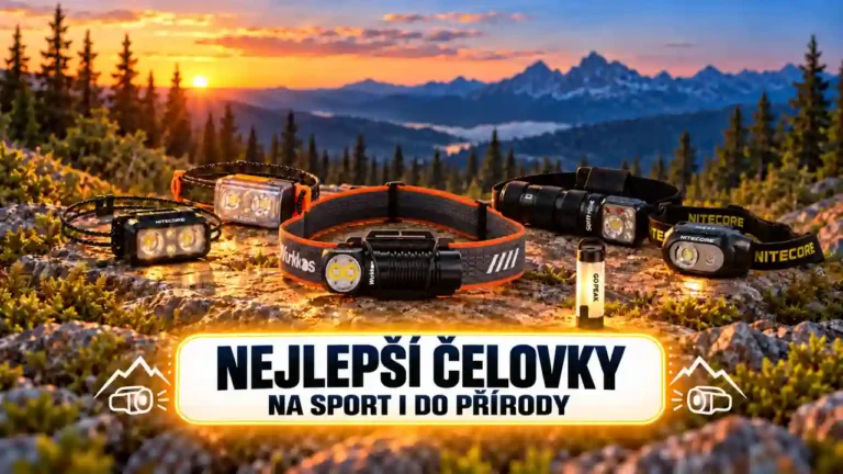 Nejlepší čelovky na sport i do přírody – Wurkkos HD12, Nitecore NU25, Flextail Tiny Helio, Sofirn HS42 a Gopeak Mini na skále při západu slunce v horách