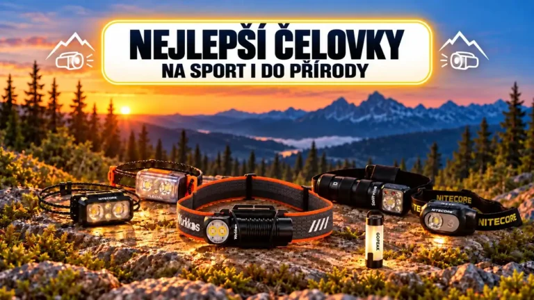Nejlepší čelovka na sport i do přírody – Wurkkos HD12, Nitecore NU25, Flextail Tiny Helio, Sofirn HS42 a Gopeak Mini na skále při západu slunce v horách